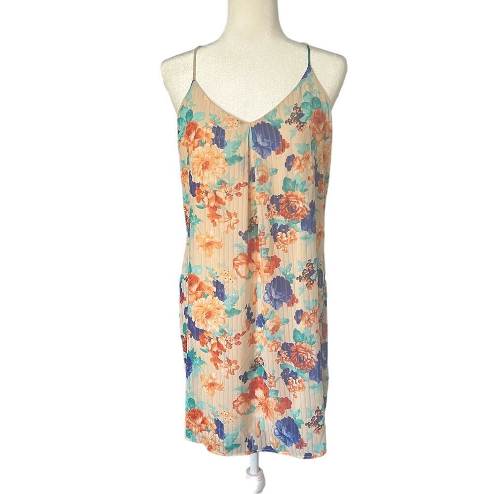 Pink Owl Woman’s Summer Lightweight Spaghetti Strap Floral Cream‎ Dress- Size L